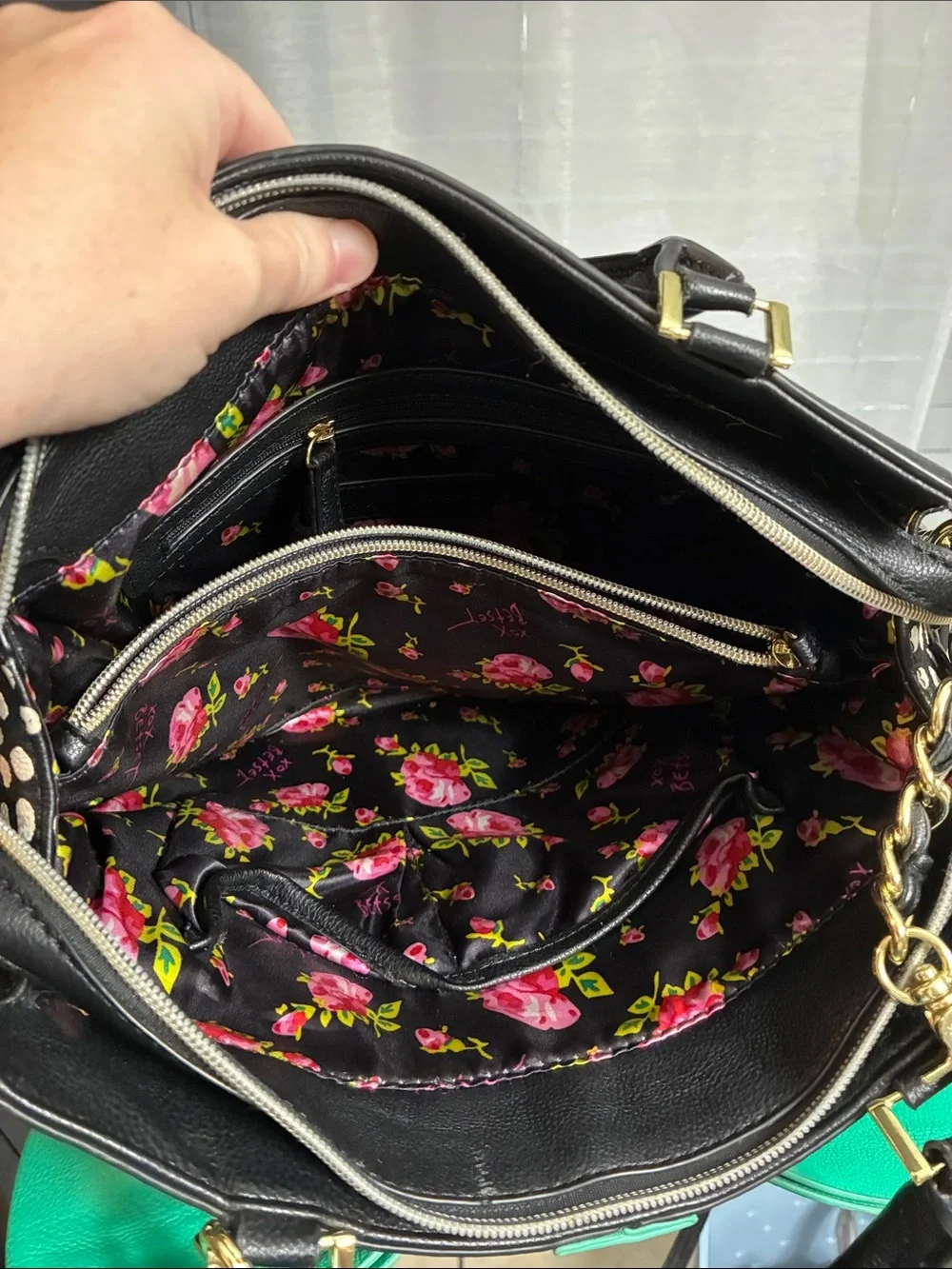 Betsey Johnson Black Satchel with Teal Bow Accent